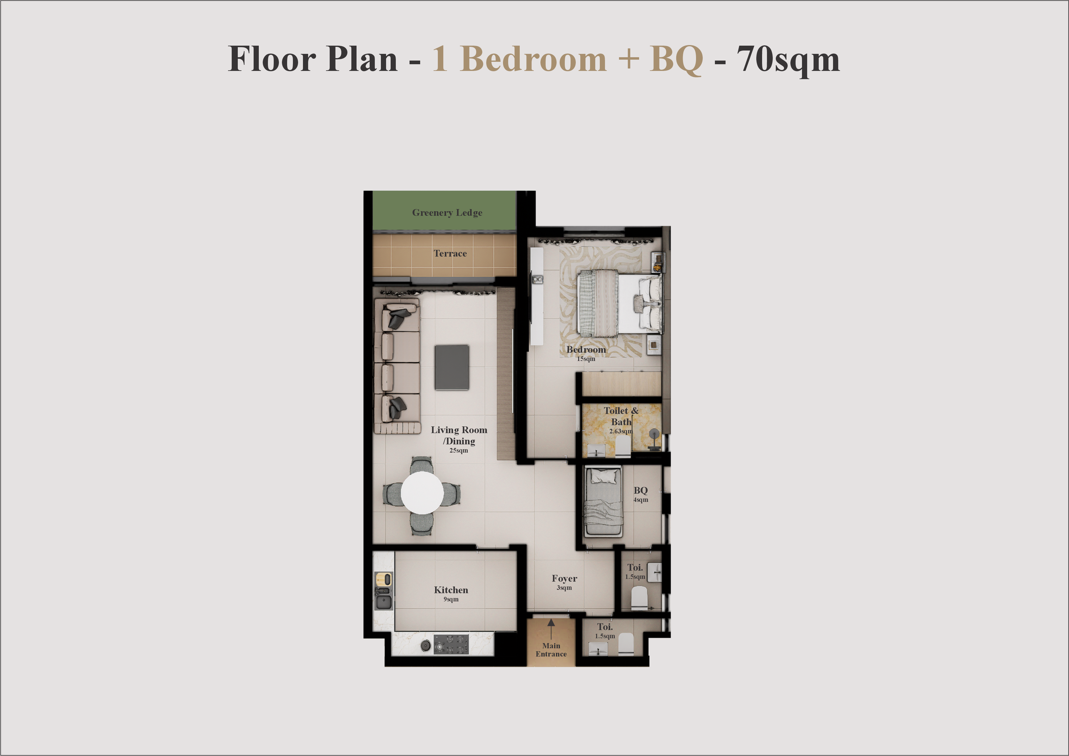 1 Bed + BQ Floor Plan 70sqm