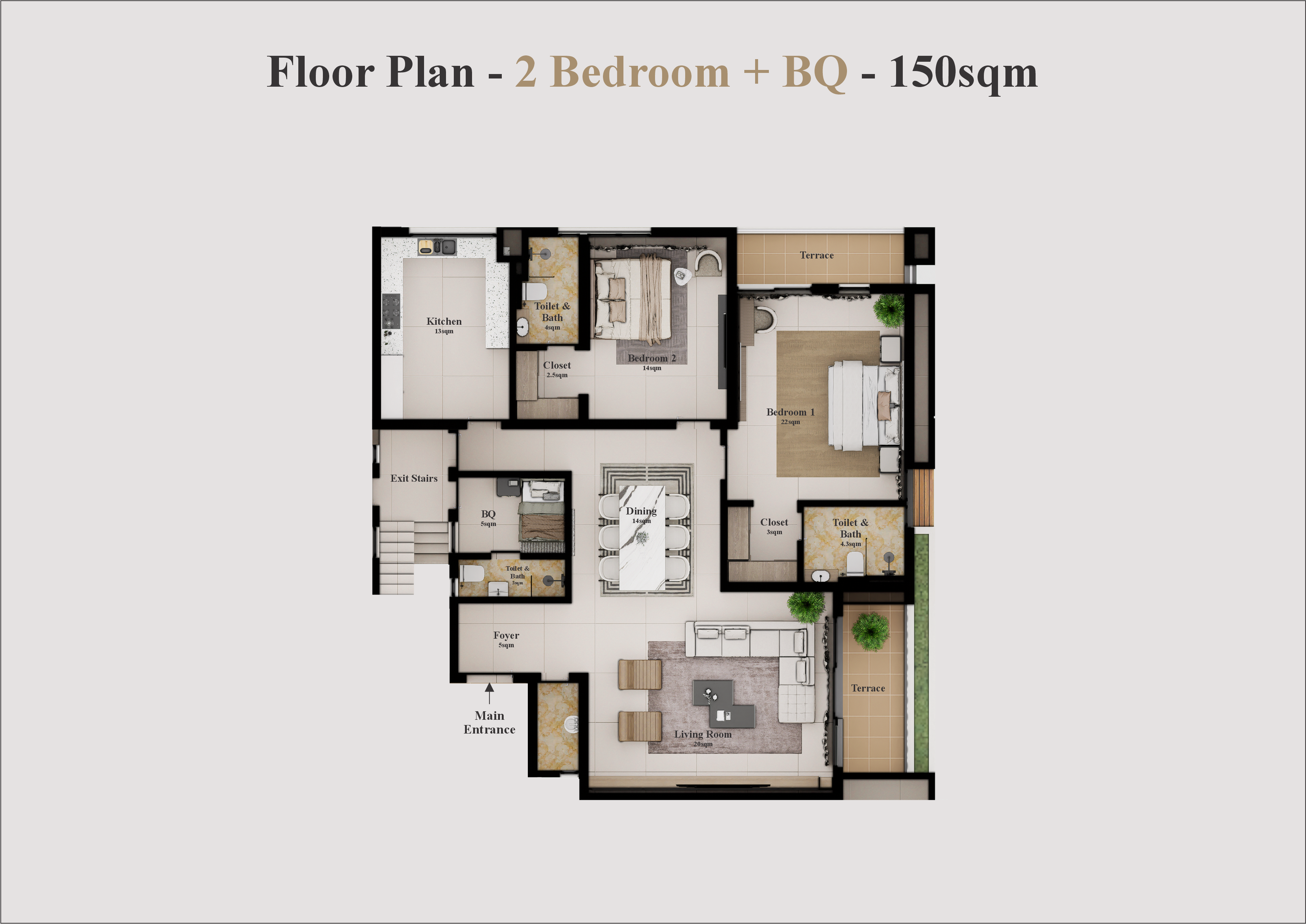2 Bed + BQ Floor Plan 150sqm