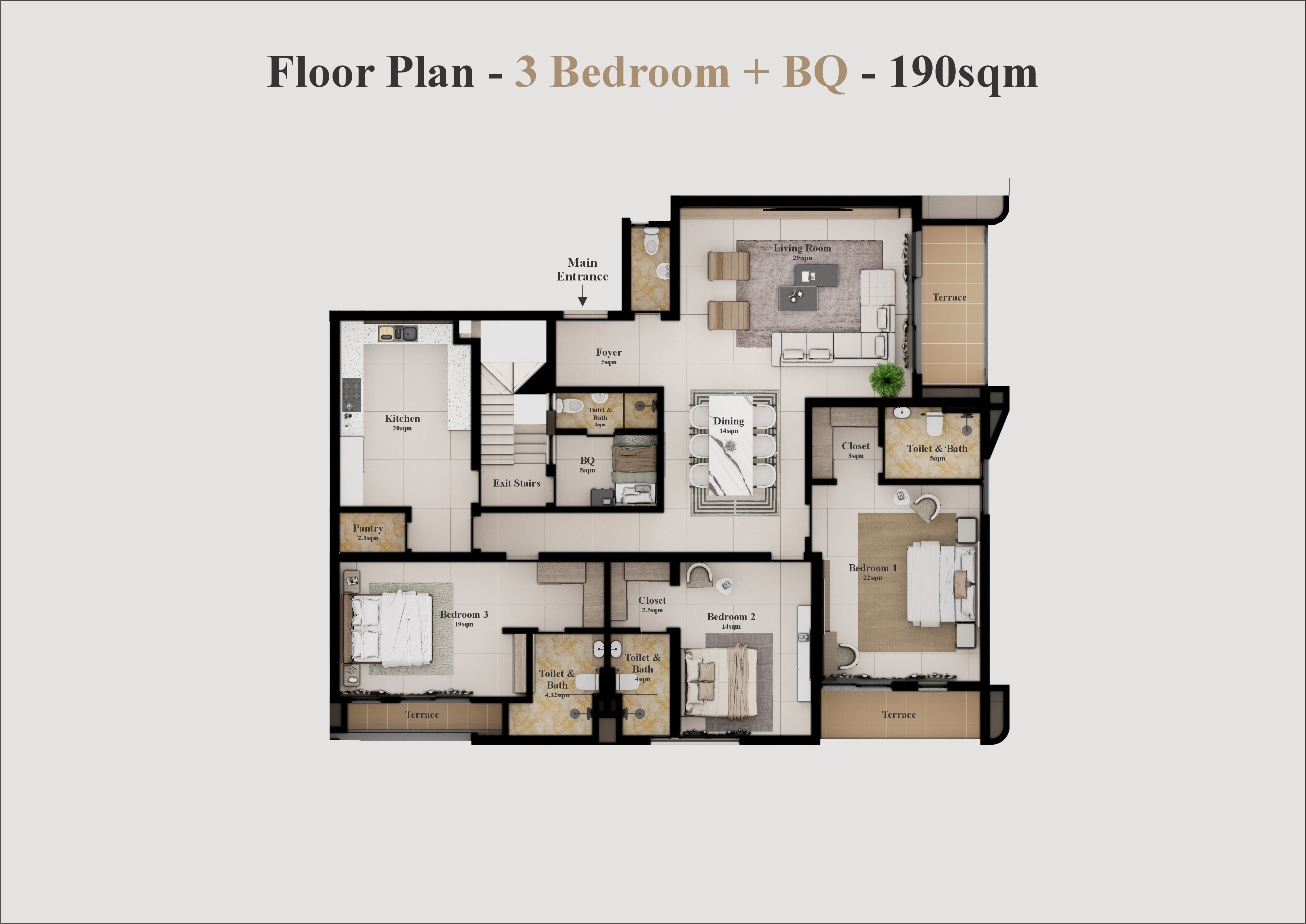 3 Bed + BQ Floor Plan 190sqm
